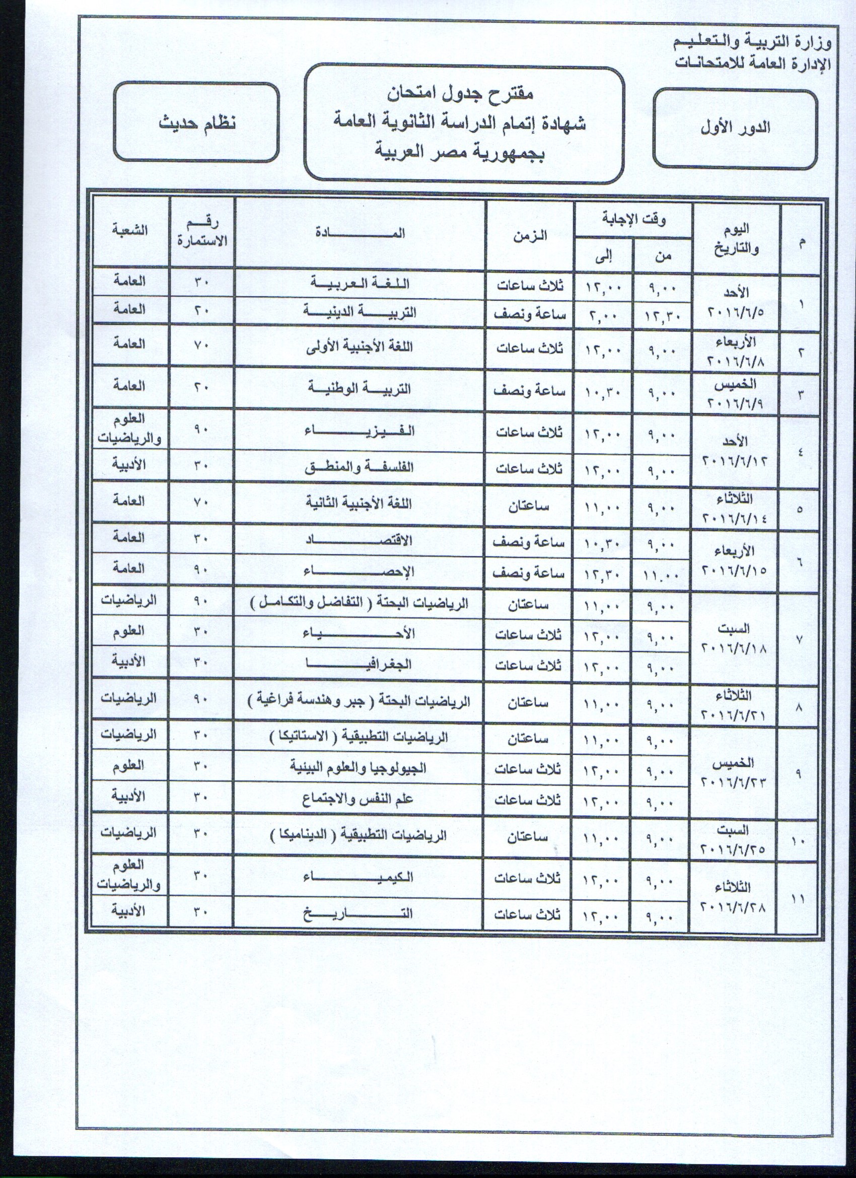 جدول وزارة التعليم المقترح لامتحانات الثانوية العامة 2016 مصر